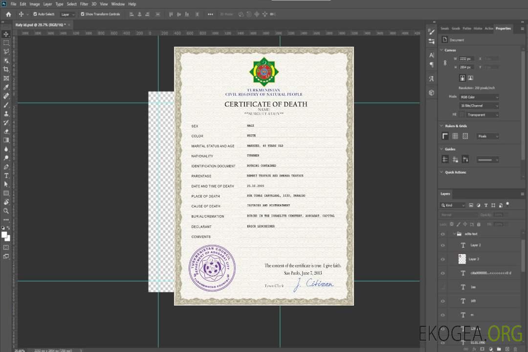 Modèle PSD de certificat de décès du Turkménistan template